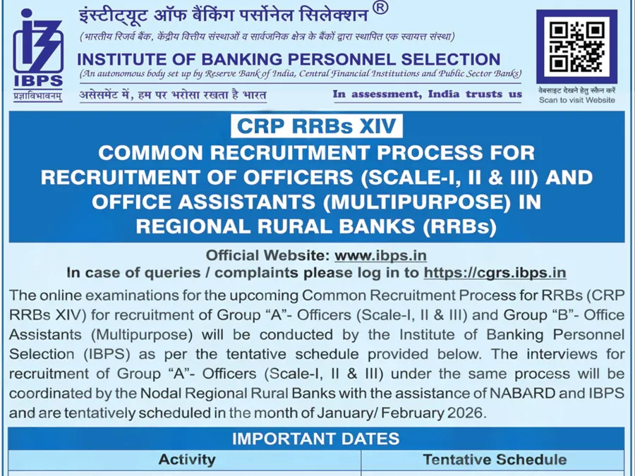 IBPS CRP RRBs XIV Recruitment 2025: Notification Out for Officers (Scale I, II, III) and Office Assistants (Multipurpose)