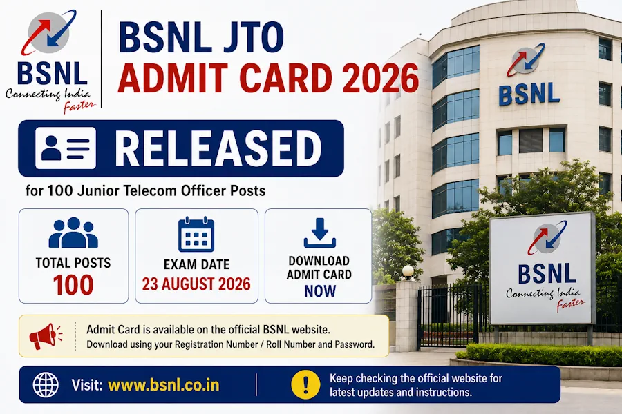 BSNL JTO Admit Card 2026 Released for 100 Junior Telecom Officer Posts; Exam on August 23