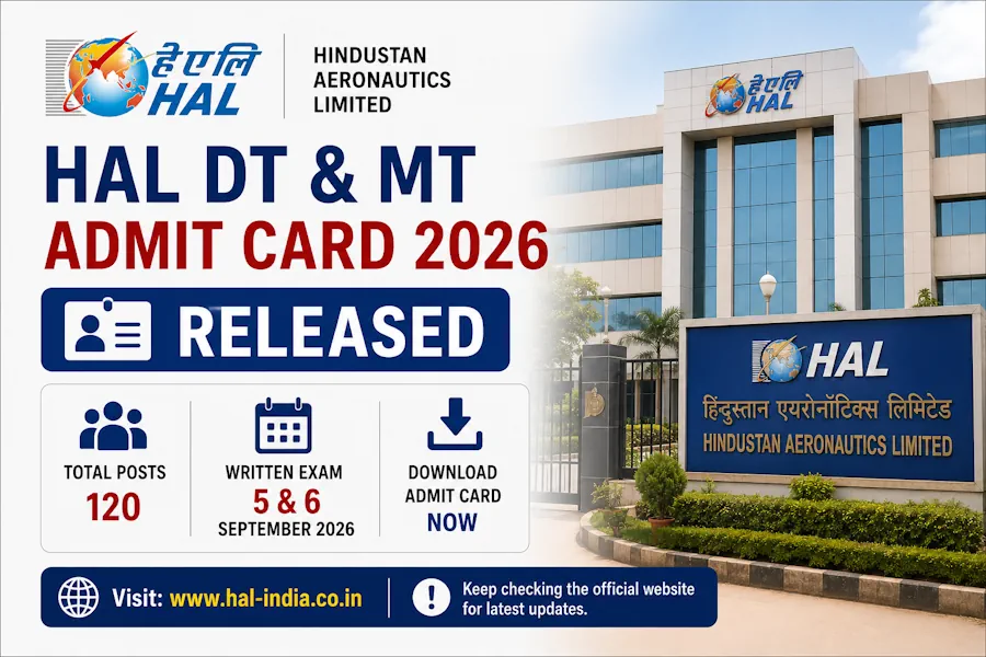 HAL DT and MT Admit Card 2026 Released for 120 Posts; Written Exam on September 5 and 6