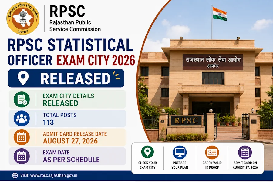 RPSC Statistical Officer Exam City 2026 Released for 113 Posts; Admit Card on August 27