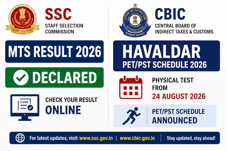 SSC MTS Result 2026 Declared; CBIC Havaldar PET/PST Scheduled From August 24