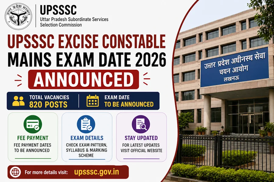 UPSSSC Excise Constable Mains Exam Date 2026 Announced for 820 Posts, Fee Payment and Exam Details